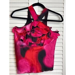 Express Pink Red Floral Ruffle Rosette Halter Neck Top Blouse Women's Size XS